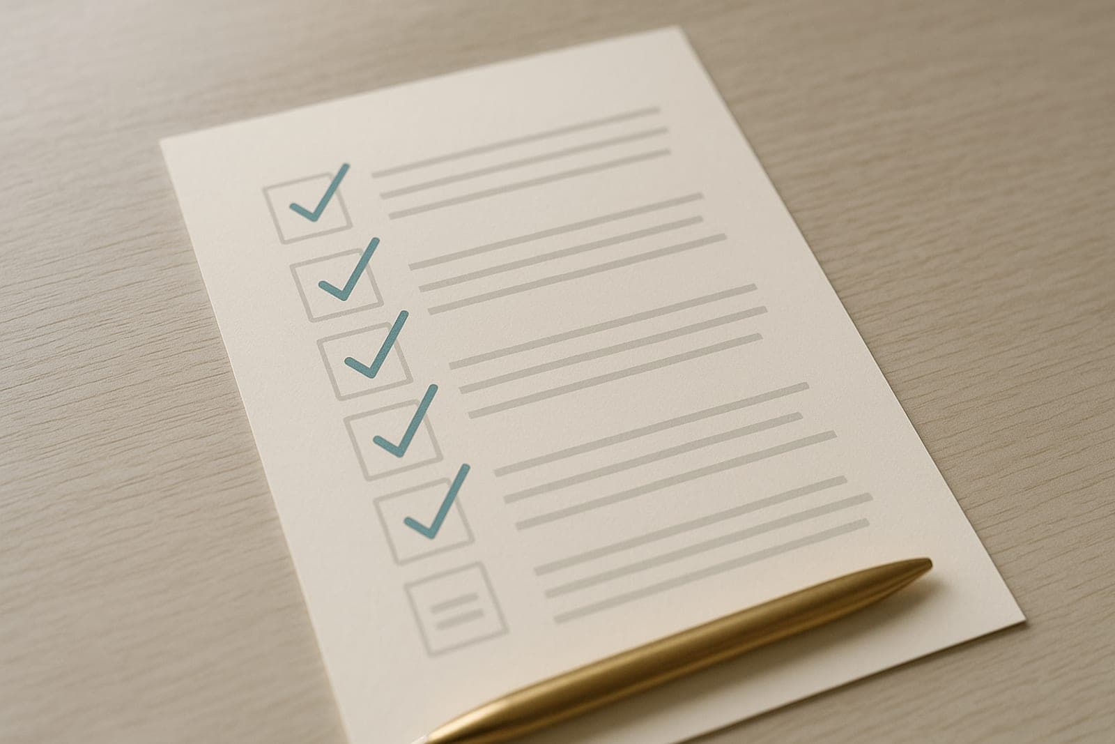 Blatt mit einer Checkliste, fünf Punkte abgehakt, daneben ein Kugelschreiber aus Messing.