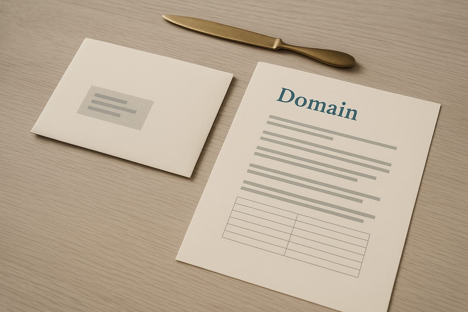Briefumschlag und ein Blatt mit der Überschrift „Domain“ als Sinnbild für Adresse und Postfach.