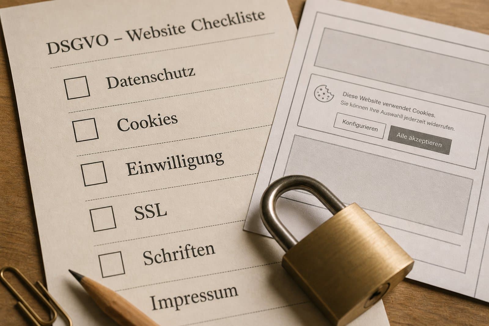 Checkliste und Schutzschild als Sinnbild für eine DSGVO-konforme Website.