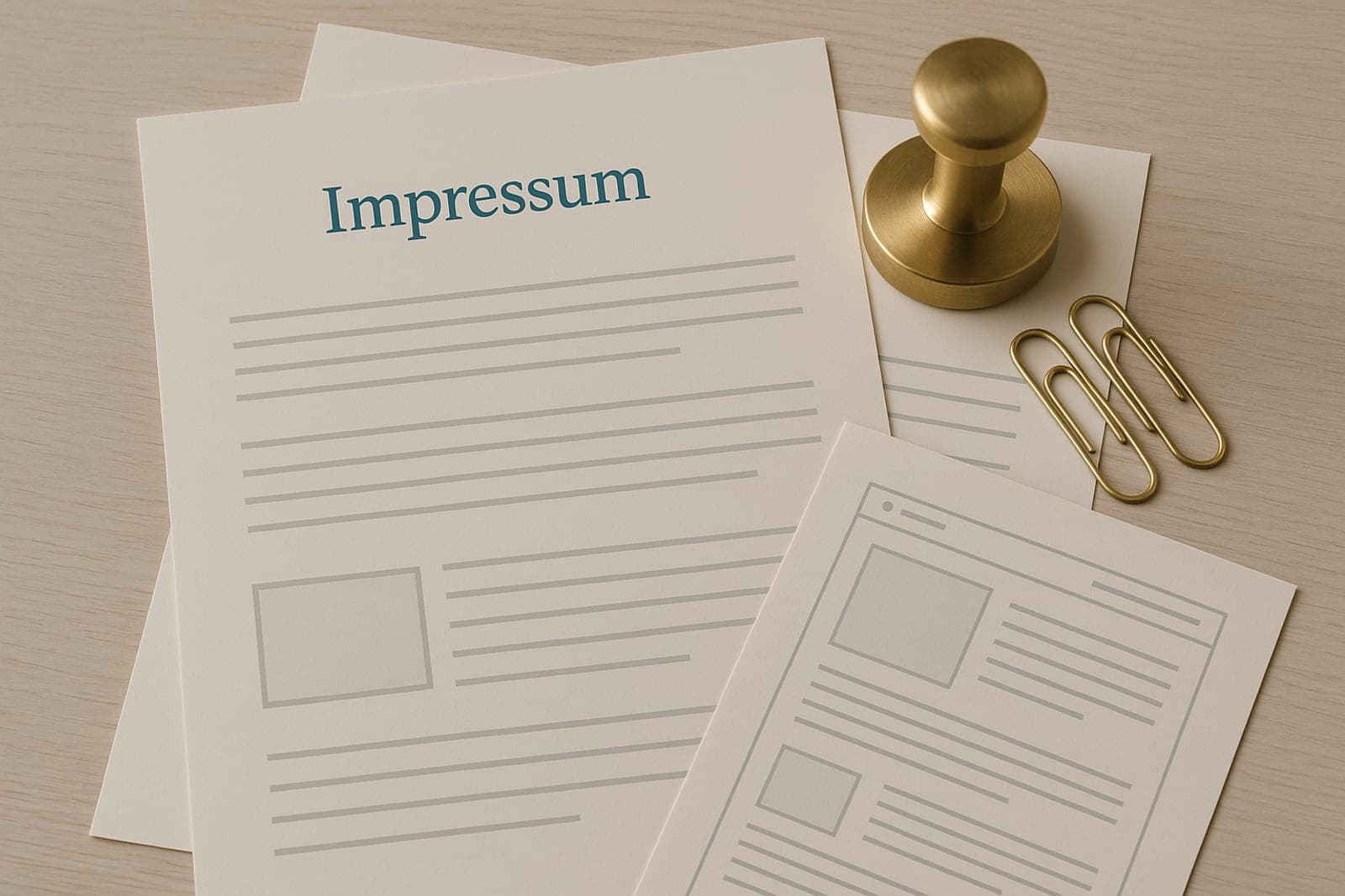 Ein Blatt mit der Überschrift „Impressum“, daneben ein Messingstempel und Büroklammern.