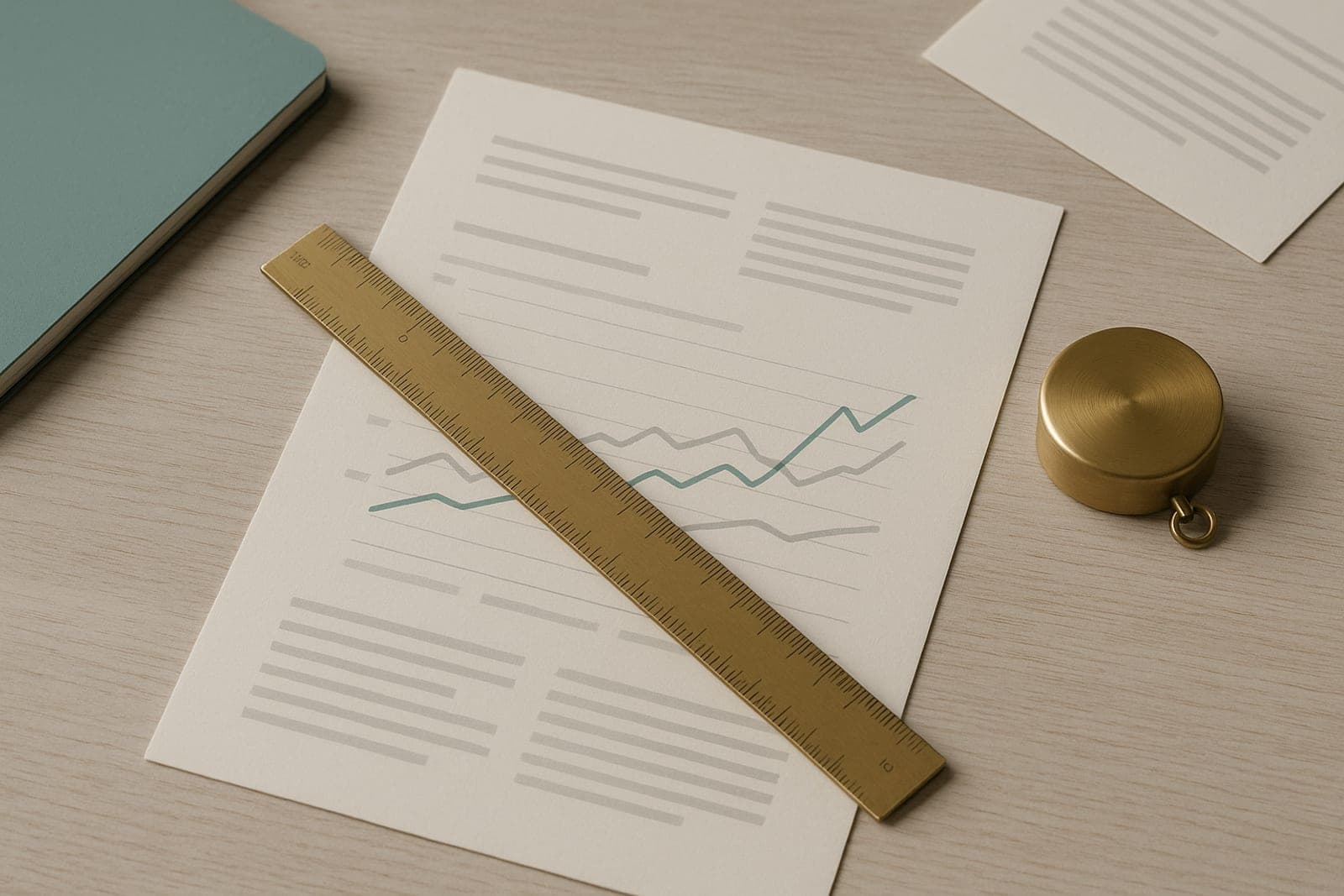Messinglineal auf einem Blatt mit steigender Kurve als Sinnbild für messbare Website-Ergebnisse.