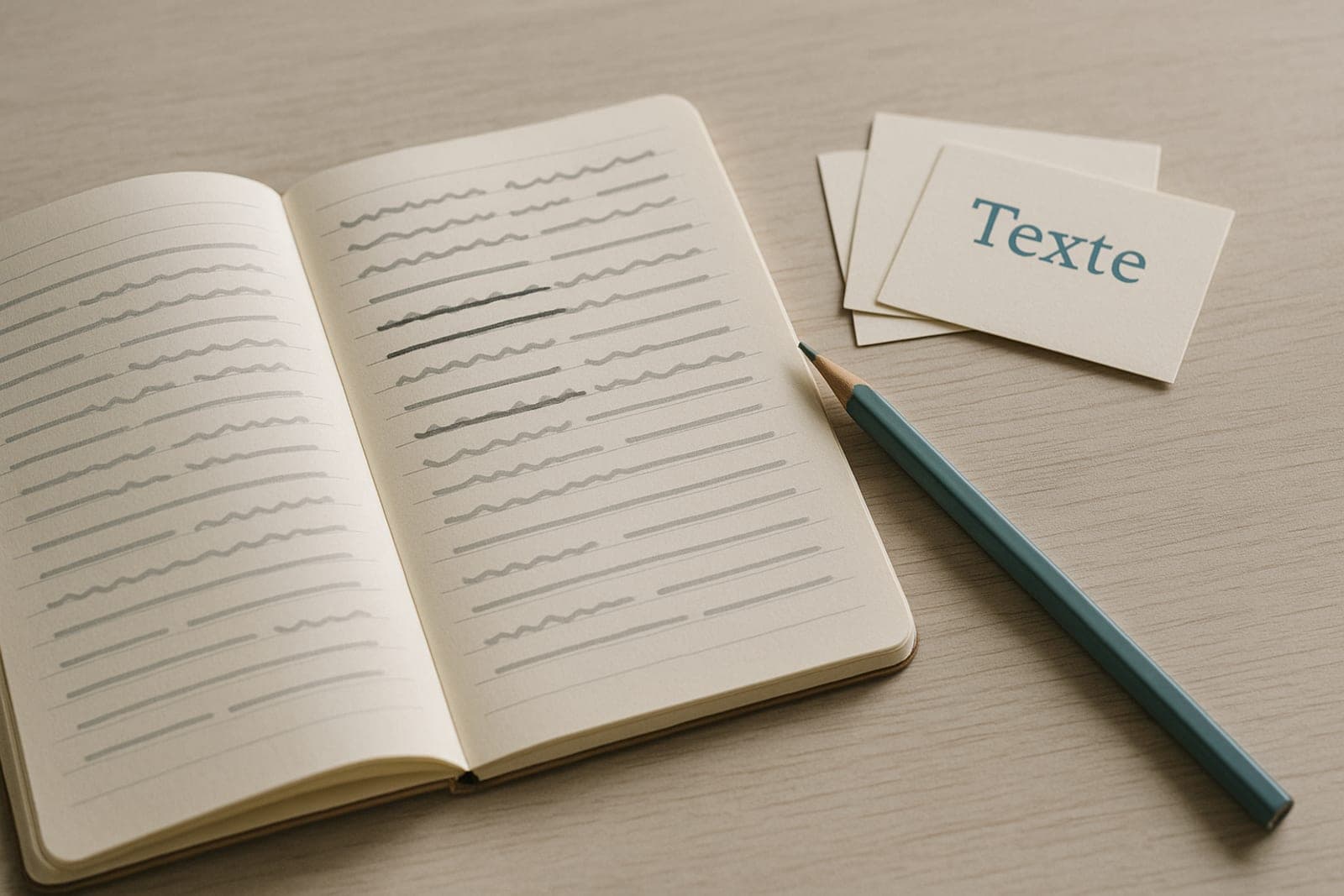 Aufgeschlagenes Notizbuch mit durchgestrichenen Zeilen, Bleistift und Karteikarte „Texte“.