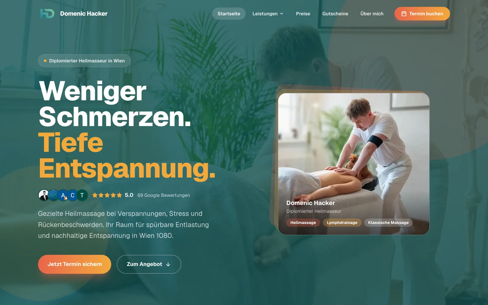 Die fertige Website des Heilmasseurs Domenic Hacker in Wien, eigens entworfen